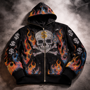 Sudadera con capucha y cremallera completa de algodón polar con estampado gráfico de calavera flameante y pedrería, estilo oversize streetwear, personalizable con marca, suministro de fábrica - Product Image 3