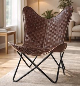 Modern Quilted Dark <b>Brown</b> Leather Butterfly <b>Chair</b> Premium Black Metal Frame Lightweight Handmade <b>Dining</b> Lounge <b>Chair</b> Home Office - Product Image 1