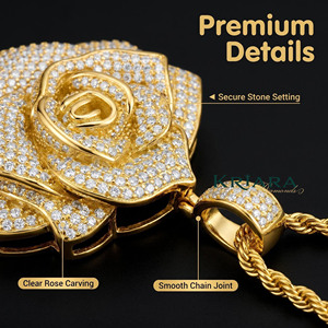 18K <b>Solid</b> <b>Gold</b> Rose <b>Pendant</b> With Round Lab Grown Diamond Unisex Luxury Flower Charm <b>Pendant</b> - Product Image 3