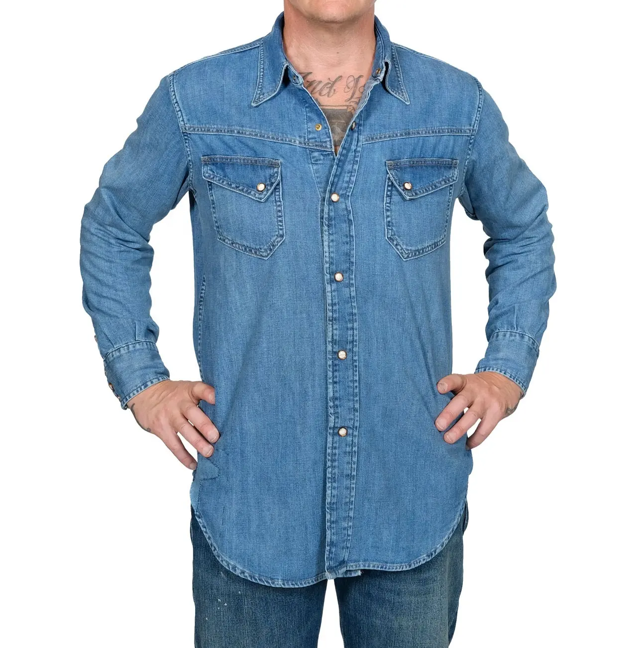 Fashion High Quality Men's 100% Cotton Band Collar Slim Fit Denim Dress Shirt Short Sleeve Bule Formal Casual Jeans Jacket Shirt