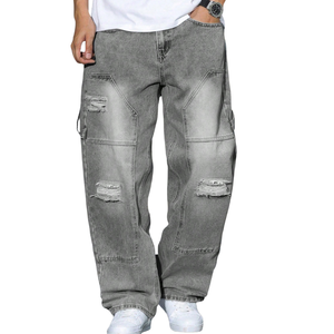 Vaqueros de mezclilla para hombre, estilo carpintero, holgados, de corte recto, desgastados y rotos, para trabajo y uso casual, 100% de color liso, para invierno - Product Image 1