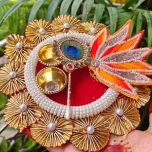 Indian Handmade <b>Gota</b> Patti Kumkum Platter For Rakhi, Diwali Festive Favor Wedding Return Gifts Roli Chawal Platter Housewarming - Product Image 1