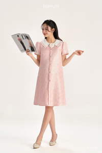 Robe trapèze rose en taffetas à manches courtes B2 MUM V1505, 2 couches, poches latérales, cordon de serrage réglable des deux côtés, convient aux femmes enceintes - Product Image 6