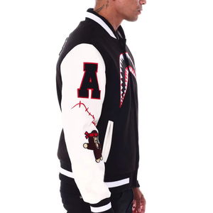 <b>Men's</b> Black <b>White</b> Varsity <b>Jacket</b> Shark Mouth Embroidery Patch Design Streetwear Turn-down Collar Regular Fit Autumn Wear - Product Image 3