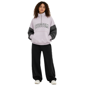 Custom Logo Color <b>Block</b> Quarter Zip Sweatshirt Women Oversized Kangaroo Pocket Streetwear Hoodies Towel Patch Applique Supplier - Product Image 2