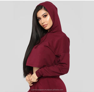 Femmes 100% coton tissu côtelé solide poignets survêtement ensemble haut court à capuche avec bouton décoration vêtements de sport survêtements - Product Image 4