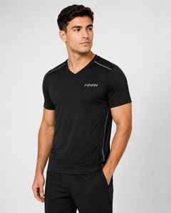 F2WIN Men's V-Neck Short Sleeve Quick Dry Casual Fleece Front Logo Regular Fit Black Knitted <b>Polyester</b> Wholesale Rate Breathable - Product Image 5