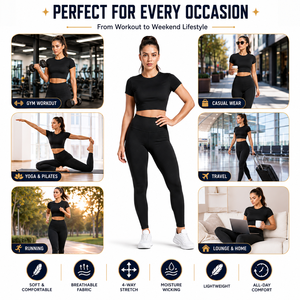 OEM Women's Solid Color Spandex 2-Piece Skinny Fit Crew Neck <b>Crop</b> <b>Top</b> Leggings Set Pockets Quick Dry Breathable Anti-Wrinkle - Product Image 4