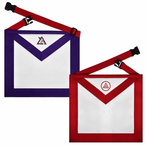 Tablier réversible double face pour chapitre et conseil Royal Arch, ruban violet et rouge, broderie dorée à la main - Product Image 1