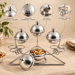 Ensemble de service à condiments en acier inoxydable martelé avec 3 bols à couvercles et support métallique – Décoration élégante pour table, idéal pour fruits secs et snacks - Product Image 5