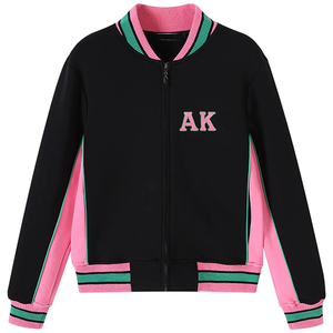 Chaqueta Universitaria AKA 1908 para Mujer, Chaqueta Bomber Rosa y Verde Alpha Kappa Alpha con Letras Bordadas - Product Image 1