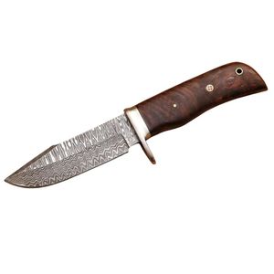 Cuchillo de caza de hoja fija de acero de Damasco con mango de madera, punta caída y filo recto de grosor. - Product Image 1