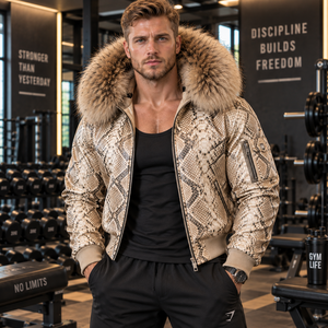 Men Fashion Python <b>Leather</b> Bomber <b>Jacket</b> with Fox Fur Collar Hood Premium <b>Biker</b> Coat | Herren Lederjacke | Chaqueta Hombre Cuero - Product Image 1