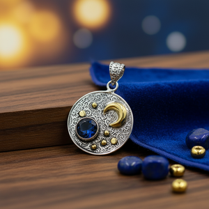 Collar con Colgante de Latón y Gema de Iolita Artesanal, Diseño Celestial de Luna y Estrella, Joyería Hecha a Mano Inspirada en el Cielo, Chapado en Oro de 18K, Estilo Bohemio - Product Image 1