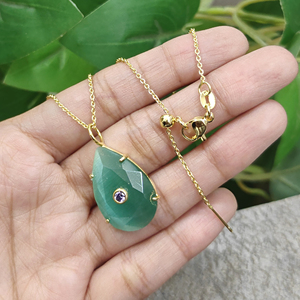 Classic Unique Style 18K Gold Plated Brass Gemstone Cat's Eye Teardrop CZ Pendant Necklace Minimalist Buddhism Women's Gift - Product Image 3