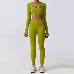 Conjunto Deportivo para Mujer, Ropa de Yoga, Ropa Deportiva, Leggings Deportivos, 3 Piezas, Sujetador Deportivo, Top Corto, Manga Larga, Yoga - Product Image 1