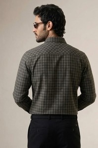 Camisa Casual de Manga Larga a Cuadros Marrón para Hombre, Cuello Clásico, Popelina de Algodón Antiarrugas, Manga Larga, para Otoño - Product Image 2