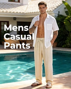 Men's Black Cotton <b>Drawstring</b> Pants Elastic Waist Casual Loose Fit Breathable Summer <b>Trousers</b> With Side Pockets - Product Image 6