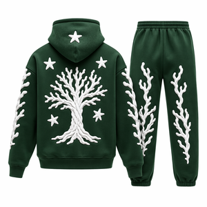 Ensemble de survêtement unisexe vert à imprimé géométrique, sweat à capuche et pantalon de jogging, manches longues, 100 % coton, pour l'automne - Product Image 4