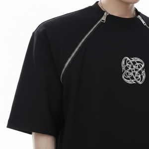 เสื้อยืดโอเวอร์ไซส์ผู้ชาย ผ้าฝ้าย ดีไซน์ซิปคู่ ป้ายโครเมียมแบบกำหนดเอง สไตล์สตรีทแวร์ฤดูร้อน ทรงหลวม ผ้าฝ้าย 100% - Product Image 6