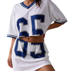 Ensemble deux pièces maillot de football américain en maille pour femme : crop top et mini-jupe, numéro en strass, respirant, polyester, vêtement de sport, t-shirt - Product Image 4
