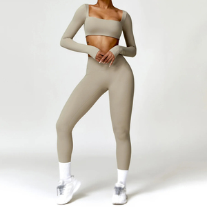 Seamless Women Yoga <b>Set</b> <b>Square</b> Neck Long Sleeve Crop Top High Waist Shorts 2 Piece Solid Color Spandex/Polyester Elastic Waist - Product Image 6