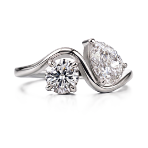 Bague Toi et Moi en or massif 10K 14K 18K avec deux pierres, diamant de laboratoire de couleur DEF, clarté VS VVS, certifié IGI, taille poire et ronde, bague de mariée - Product Image 3