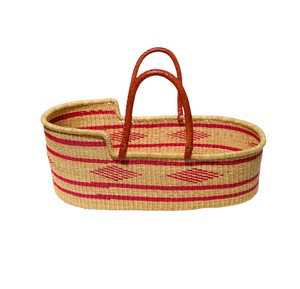 Woven red stripe diamond <b>seagrass</b> changing <b>basket</b> integrated with rattan changing kid <b>basket</b> and brown handles for <b>storage</b> - Product Image 1