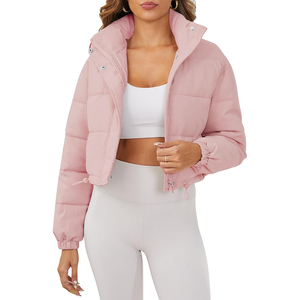 Women's Cropped Puffer Jacket Solid Color Stand Collar Zipper Closure Full <b>Sleeve</b> Winter Warm Outerwear Wholesale Puffer Jacket - Product Image 1