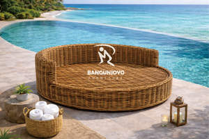 <b>Round</b> <b>Outdoor</b> Lounge Bed In All-Weather Wicker With White Pillows - Product Image 5