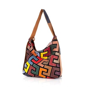 Ando <b>Bag</b> Genuine Cowhide Leather Shoulder Tote <b>Bag</b> Women Multicolor Geometric Patchwork Zipper Hobo <b>Bag</b> - Product Image 2