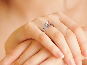Premium 925 Silver Rose <b>Gold</b> Finish Peach Gemstone <b>Ring</b> CZ Studded Floral Leaf Women Fashion Jewelry - Product Image 5