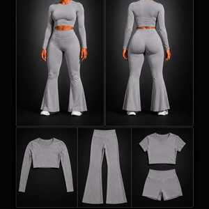 Wholesale Custom Logo 4 Piece Seamless Yoga Set Women High Waisted <b>Flare</b> <b>Leggings</b> Long Sleeve Crop Top Gym Workout Clothes - Product Image 6