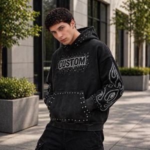 Custom Rhinestone Hoodie <b>Men</b> Oversized Streetwear <b>Black</b> Print Front Logo Regular Sleeve French Terry Fit 100% Cotton Waterproof - Product Image 6
