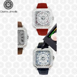 Charm_Jewells Luxury Men's Stainless Steel Watch 40mm Diamond Accents <b>Red</b> Leather Band Analog <b>Date</b> Mechanical Movement 10 Bar - Product Image 3