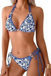 Women's Blue Floral Print <b>Bikini</b> Set Halter Tie Side Two Piece Swimwear - Product Image 2