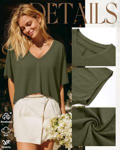Camiseta Corta de Mujer con Cuello en V y Hombros Caídos, Color Sólido, Manga Corta, Corte Holgado, Estilo Casual para Primavera/Verano - Product Image 6