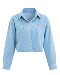 Veste en jean courte bleu clair personnalisée pour femme avec boutons ornés de strass, manches longues, style décontracté et tendance - Product Image 1