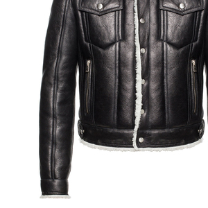 Custom Wholesale Men Black Genuine Sheepskin Leather <b>Jacket</b> White Faux Fur <b>Shearling</b> Collar Winter Warm <b>Bomber</b> Trucker Coat - Product Image 2