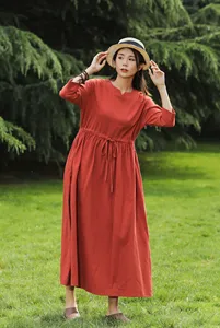 Women Casual Cotton Maxi <b>Dress</b> <b>Long</b> Sleeve Loose Fit Red Color <b>Boho</b> Style Flowy <b>Long</b> <b>Dress</b> - Product Image 5