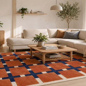 Tapis géométrique moderne orange et bleu, tissé à la main, abstrait, pour salon, tapis en laine, tapis décoratif contemporain pour chambre à coucher - Product Image 1