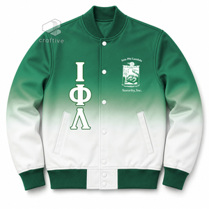 เสื้อแจ็คเก็ตวาร์ซิตี้ผ้าซาตินออมเบรสำหรับผู้หญิง Iota Phi Lambda ปักลายตัวอักษรกรีก กระดุมแป๊ก คอเสื้อและปลายแขนเสื้อถักแบบริบ เสื้อแจ็คเก็ตเลตเตอร์แมน - Product Image 1