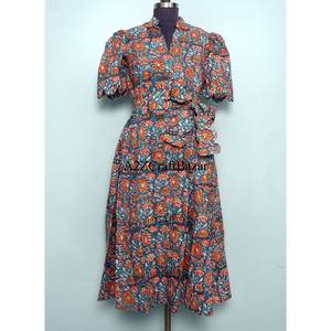 Vestido Midi de Algodón Indio con Estampado a Mano, Cuello en V, para Mujer, Estilo Informal, Manga Corta, Silueta Recta, para Vacaciones de Verano en la Playa - Product Image 1