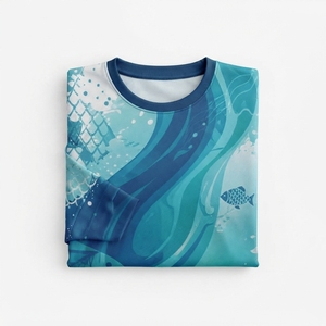 Chemise de pêche unisexe à manches longues en polyester 220g, imprimé par transfert thermique motif vague océanique, UPF 50, anti-UV, respirante - Product Image 5