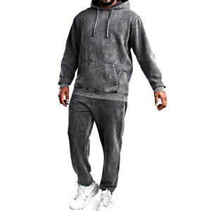 Ensemble de survêtement personnalisable en coton délavé surdimensionné pour homme, avec sweat à capuche et pantalon de jogging brodés effet vieilli, idéal pour l'hiver - Product Image 1