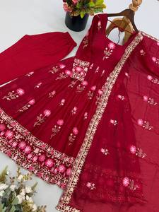 <b>Teal</b> Floral Embroidered Anarkali <b>Suit</b> <b>Women</b> Floor-Length Traditional Indian Ethnic Wedding Dress Loose Fit Rayon - Product Image 2