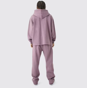 ชุดวอร์มมีฮู้ดซิปหน้าขนาดใหญ่สำหรับผู้ชาย – เสื้อสเวตเชิ้ตทรงหลวมสีพื้นและกางเกงจ็อกเกอร์ ชุดลำลองสตรีทแวร์ 2 ชิ้น - Product Image 3