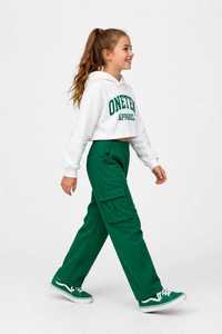 Ensemble survêtement pour filles ONETEN, sweat-shirt à capuche et pantalon cargo, haut blanc, taille élastique verte, tenue décontractée - Product Image 5
