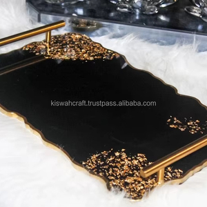 Handmade <b>Black</b> Geode Resin Tray with Gold Handles & Flakes - Product Image 1