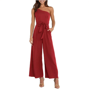 Mono elegante de verano 2023 para mujer, holgado, de color liso, con un solo hombro, ligero, elástico, hasta el tobillo, con cintura alta y bolsillos. - Product Image 3